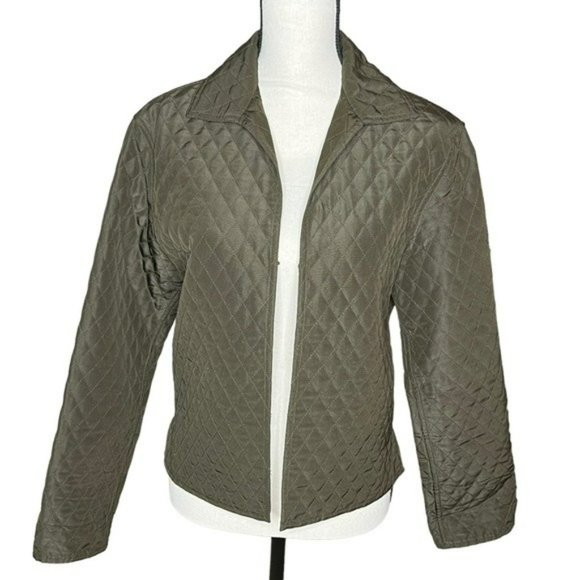 Carlisle Olive Green Silk Wool Lightweight Quilt Open Jacket Blazer Size 2 - Picture 2 of 9